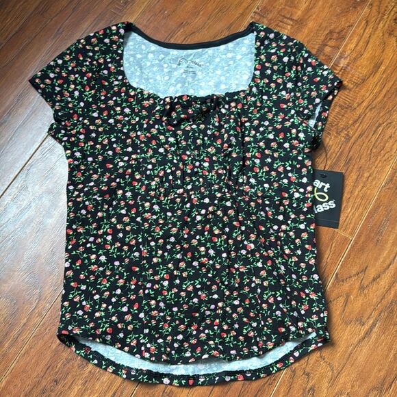 NWT Art Class Medium (8) Black Floral Short Sleeve Blouse Top Square Neck Ruched - Picture 1 of 6